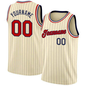 Custom Cream Navy Pinstripe Red-Black Authentic Basketball Jersey