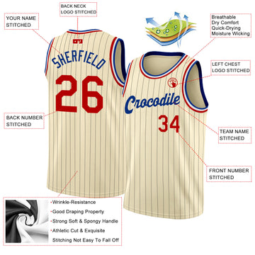 Custom Cream Black Pinstripe Red-Royal Authentic Basketball Jersey