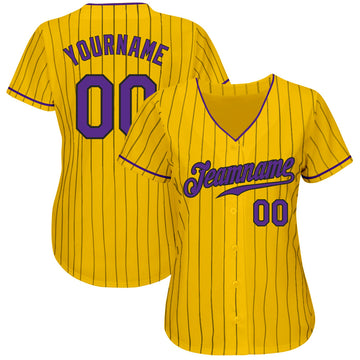 Custom Yellow Black Pinstripe Purple-Black Authentic Baseball Jersey