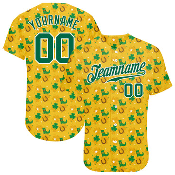 Custom Gold Kelly Green-White 3D Pattern Design Authentic St. Patrick's Day Baseball Jersey