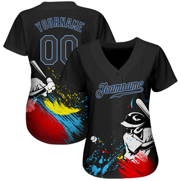 Custom Graffiti Pattern Black-Light Blue 3D Authentic Baseball Jersey