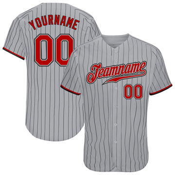 Custom Gray Black Pinstripe Red-Black Authentic Baseball Jersey