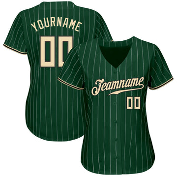 Custom Green White Pinstripe Cream-Black Authentic Baseball Jersey