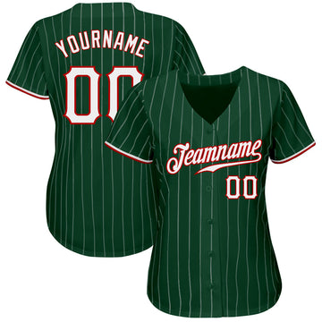 Custom Green White Pinstripe White-Red Authentic Baseball Jersey