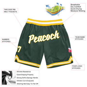 Custom Hunter Green White-Gold Authentic Throwback Basketball Shorts