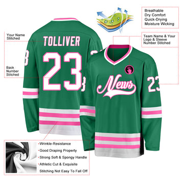 Custom Kelly Green White-Pink Hockey Jersey