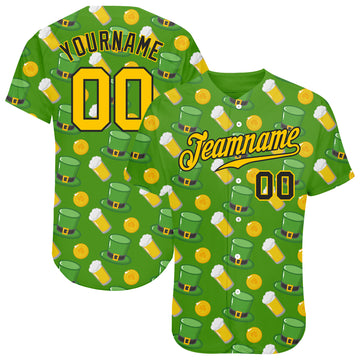 Custom Kelly Green Gold-Black 3D Pattern Design Authentic St. Patrick's Day Baseball Jersey