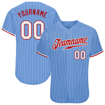 Custom Light Blue White Pinstripe White-Red Authentic Baseball Jersey