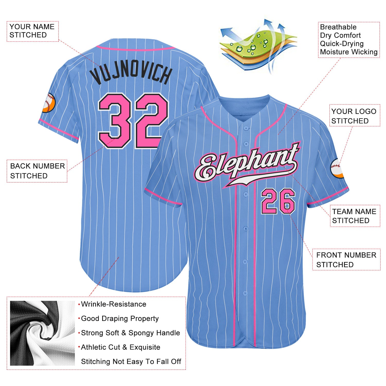 Custom Black White Pinstripe Pink-Light Blue Authentic Baseball Jersey  Discount