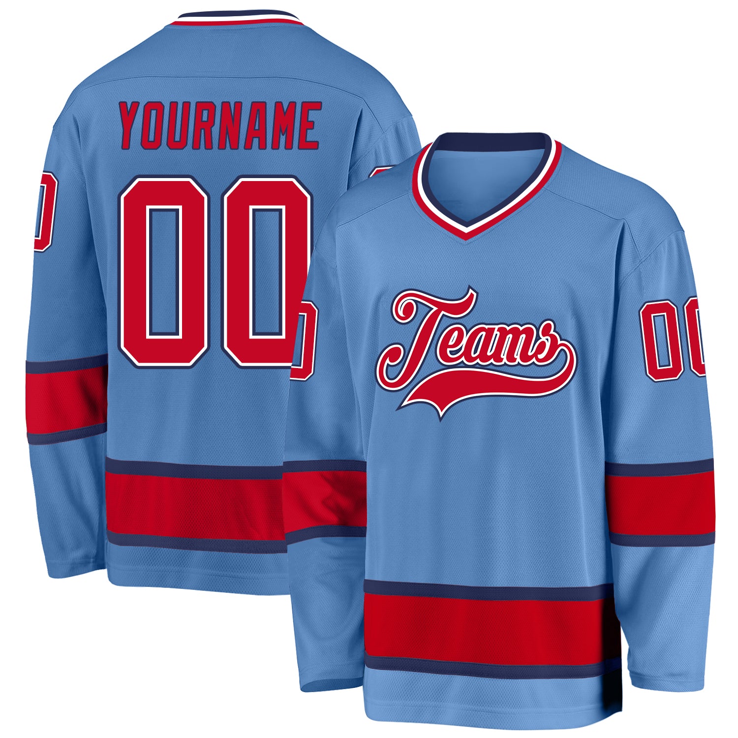 Custom Light Blue Red-Navy Hockey Jersey Discount