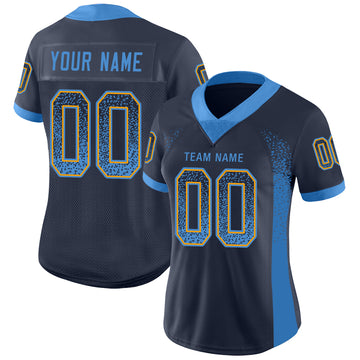 Custom Navy Powder Blue-Gold Mesh Drift Fashion Football Jersey - Jersey