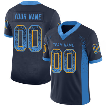 Custom Navy Powder Blue-Gold Mesh Drift Fashion Football Jersey - Jersey