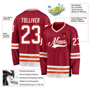 Custom Maroon White-Orange Hockey Jersey