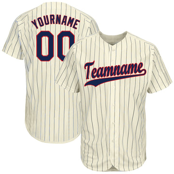 Custom Cream Navy Strip Navy-Red Baseball Jersey - Jersey