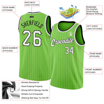 Custom Neon Green White Pinstripe White-Black Authentic Basketball Jersey