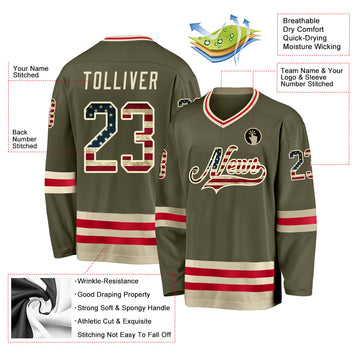 Custom Olive Vintage USA Flag-Cream Salute To Service Hockey Jersey