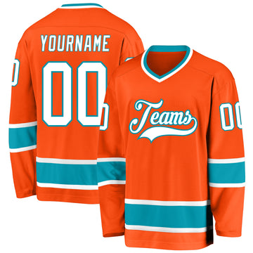 Custom Orange White-Teal Hockey Jersey