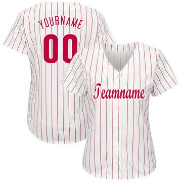 Custom White Red Pinstripe Red-White Baseball Jersey