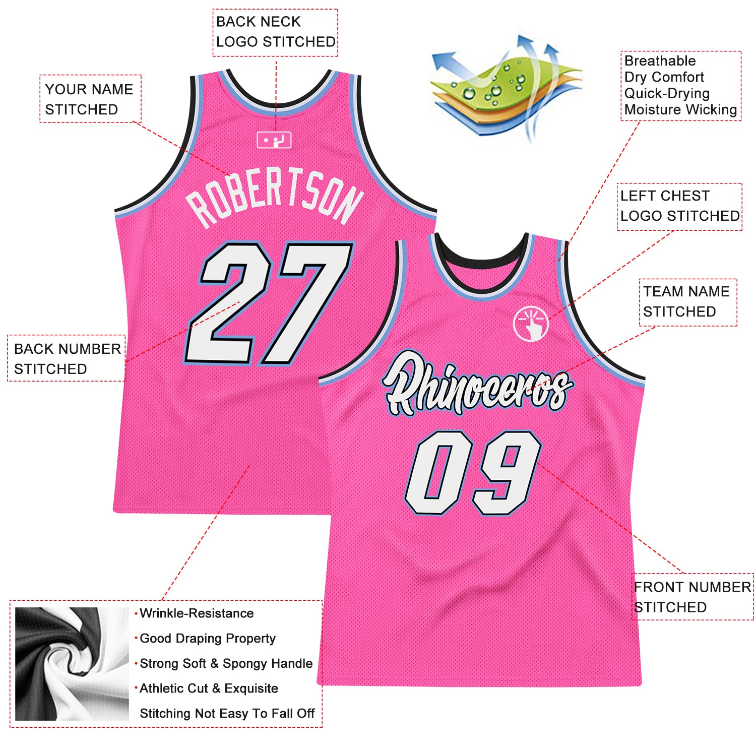 Custom Team Light Blue Basketball Authentic Pink Throwback Jersey White