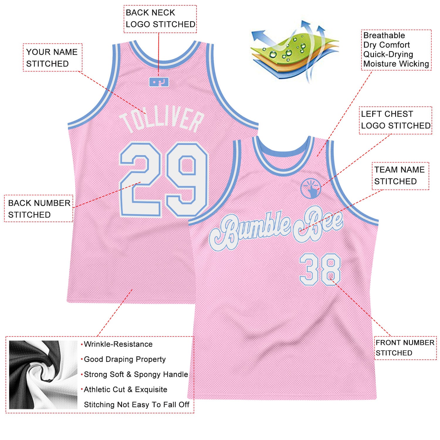 Custom Light Pink White-Light Blue Authentic Throwback Basketball