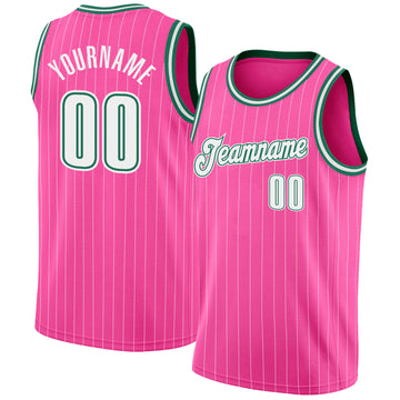 Custom Pink White Pinstripe White-Kelly Green Authentic  Basketball Jersey