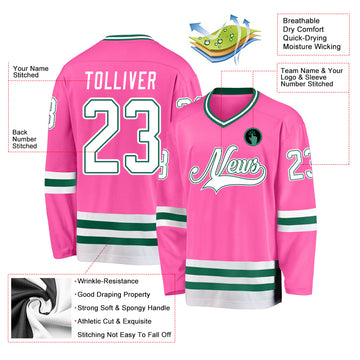 Custom Pink White-Kelly Green Hockey Jersey