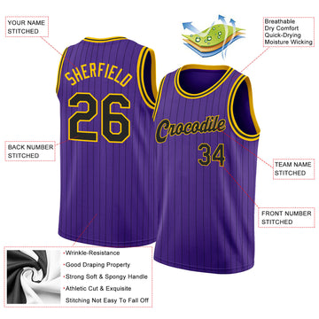 Custom Purple Black Pinstripe Black-Gold Authentic  Basketball Jersey