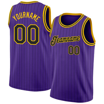Custom Purple Black Pinstripe Black-Gold Authentic  Basketball Jersey