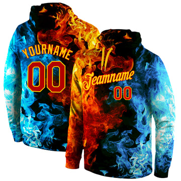 Custom Stitched Red Red-Gold 3D Pattern Design Flame Sports Pullover Sweatshirt Hoodie