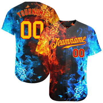 Custom Red Gold 3D Pattern Design Flame Authentic Baseball Jersey