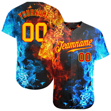 Custom Red Red-Gold 3D Pattern Design Flame Authentic Baseball Jersey