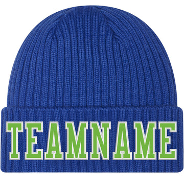 Custom Royal Neon Green-White Stitched Cuffed Knit Hat