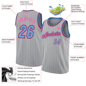 Custom Gray Black Pinstripe Light Blue-Pink Authentic Basketball Jersey