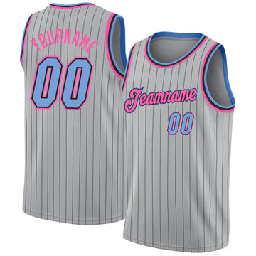 Custom Gray Black Pinstripe Light Blue-Pink Authentic Basketball Jersey