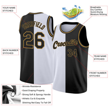 Custom White Black-Old Gold Authentic Split Fashion Basketball Jersey