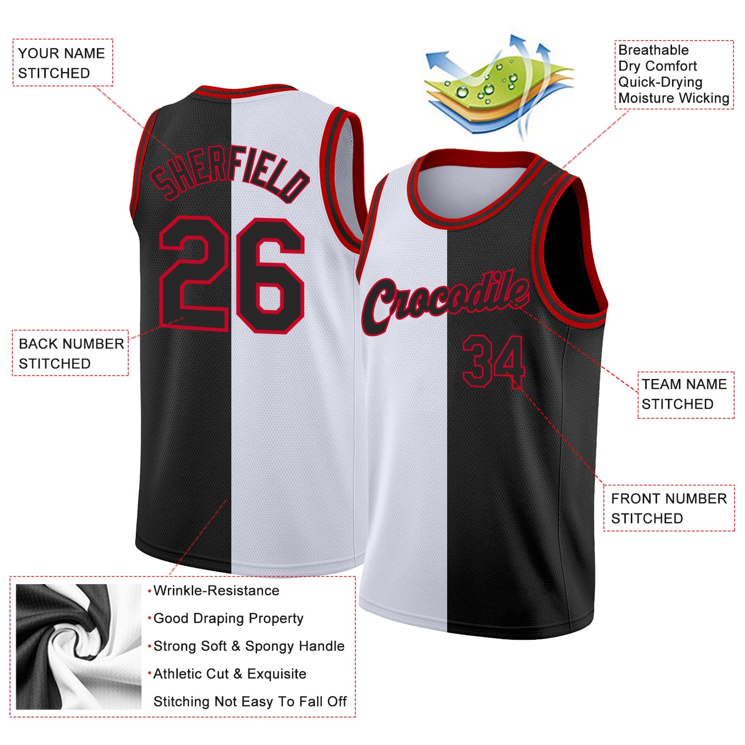 Custom White Black-Red Authentic Split Fashion Basketball Jersey Discount