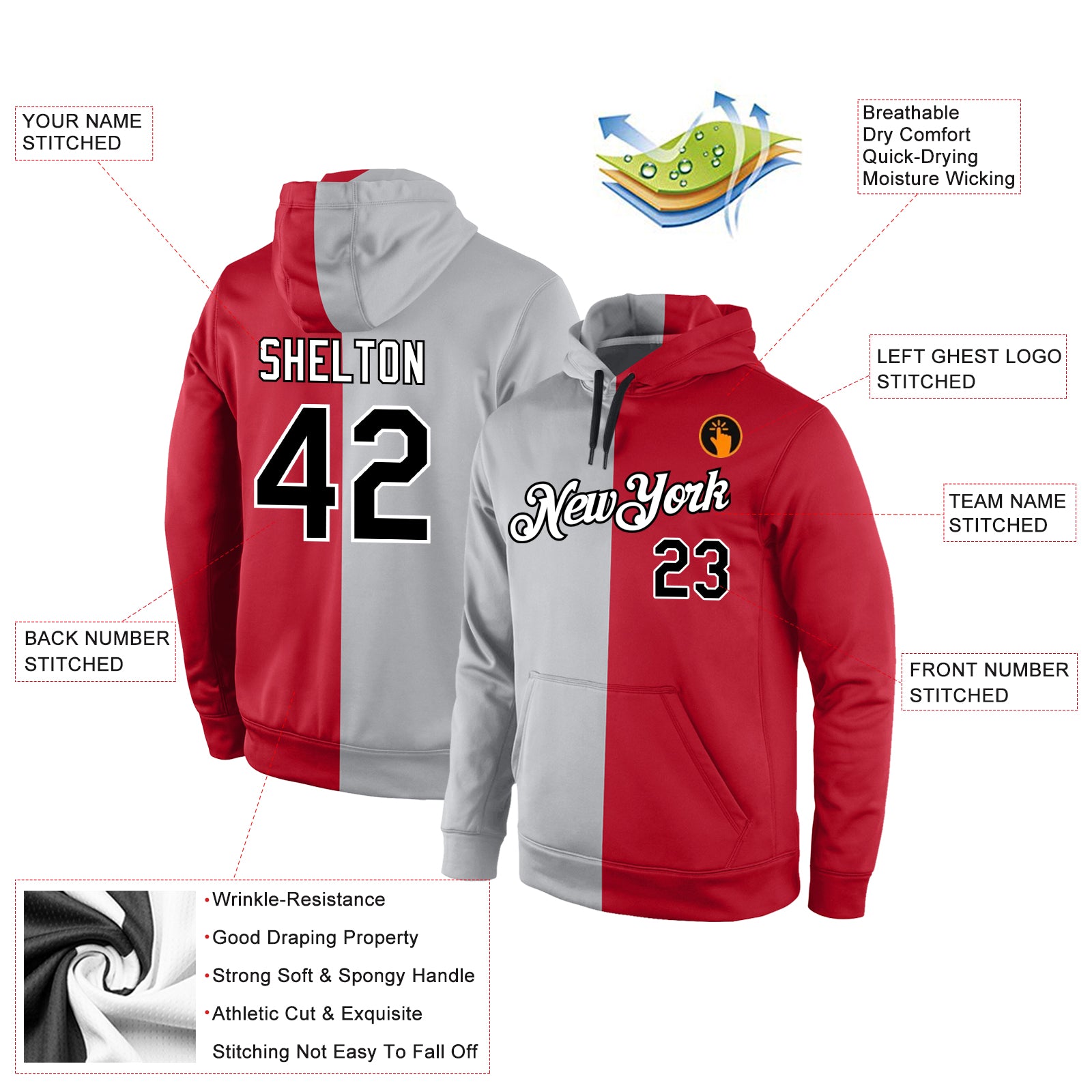 Custom Stitched Gray Black-Red Split Fashion Sports Pullover Sweatshirt  Hoodie Discount