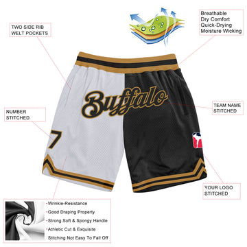 Custom White Black-Old Gold Authentic Throwback Split Fashion Basketball Shorts