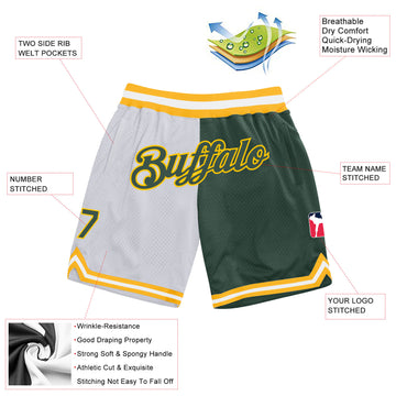 Custom White Hunter Green-Gold Authentic Throwback Split Fashion Basketball Shorts