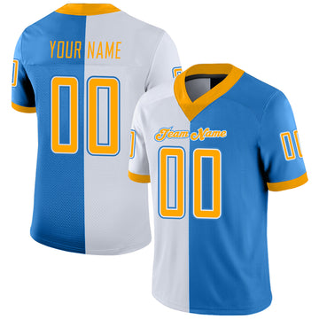 Custom Powder Blue Gold-White Mesh Split Fashion Football Jersey