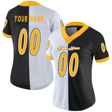 Custom Black Gold-White Mesh Split Fashion Football Jersey