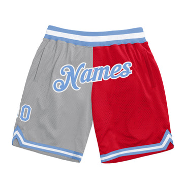 Custom Gray Light Blue-Red Authentic Throwback Split Fashion Basketball Shorts