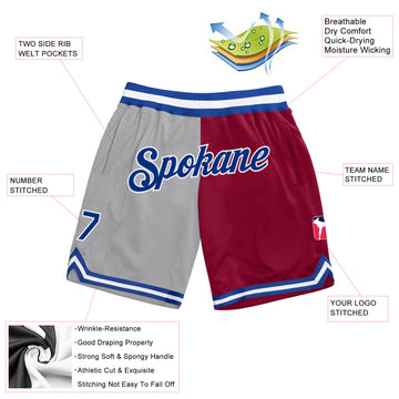 Custom Gray Royal-Maroon Authentic Throwback Split Fashion Basketball Shorts