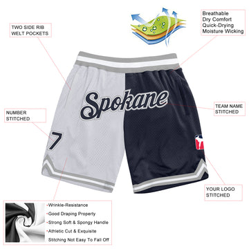 Custom White Navy-Gray Authentic Throwback Split Fashion Basketball Shorts