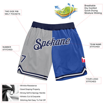 Custom Gray Navy-Blue Authentic Throwback Split Fashion Basketball Shorts