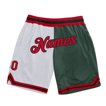 Custom White Red-Hunter Green Authentic Throwback Split Fashion Basketball Shorts