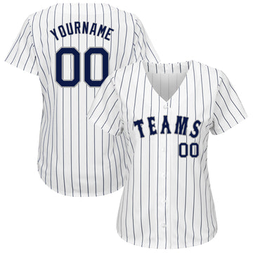 Custom White Navy Pinstripe Navy-Gray Authentic Baseball Jersey