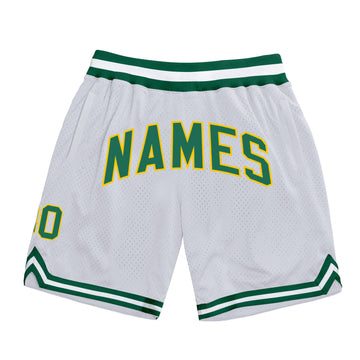 Custom White Kelly Green-Gold Authentic Throwback Basketball Shorts