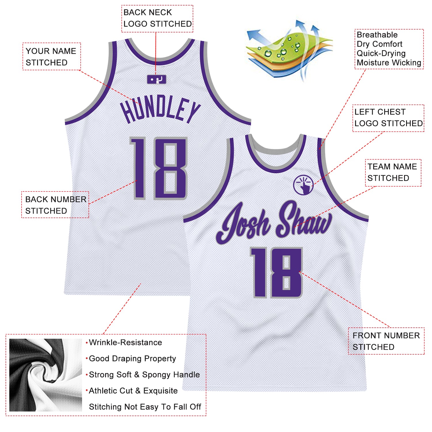 Custom Team Purple Basketball Gray Rib-Knit Jersey White