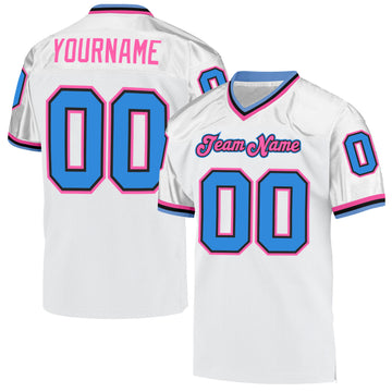 Custom White Powder Blue-Pink Mesh Authentic Throwback Football Jersey